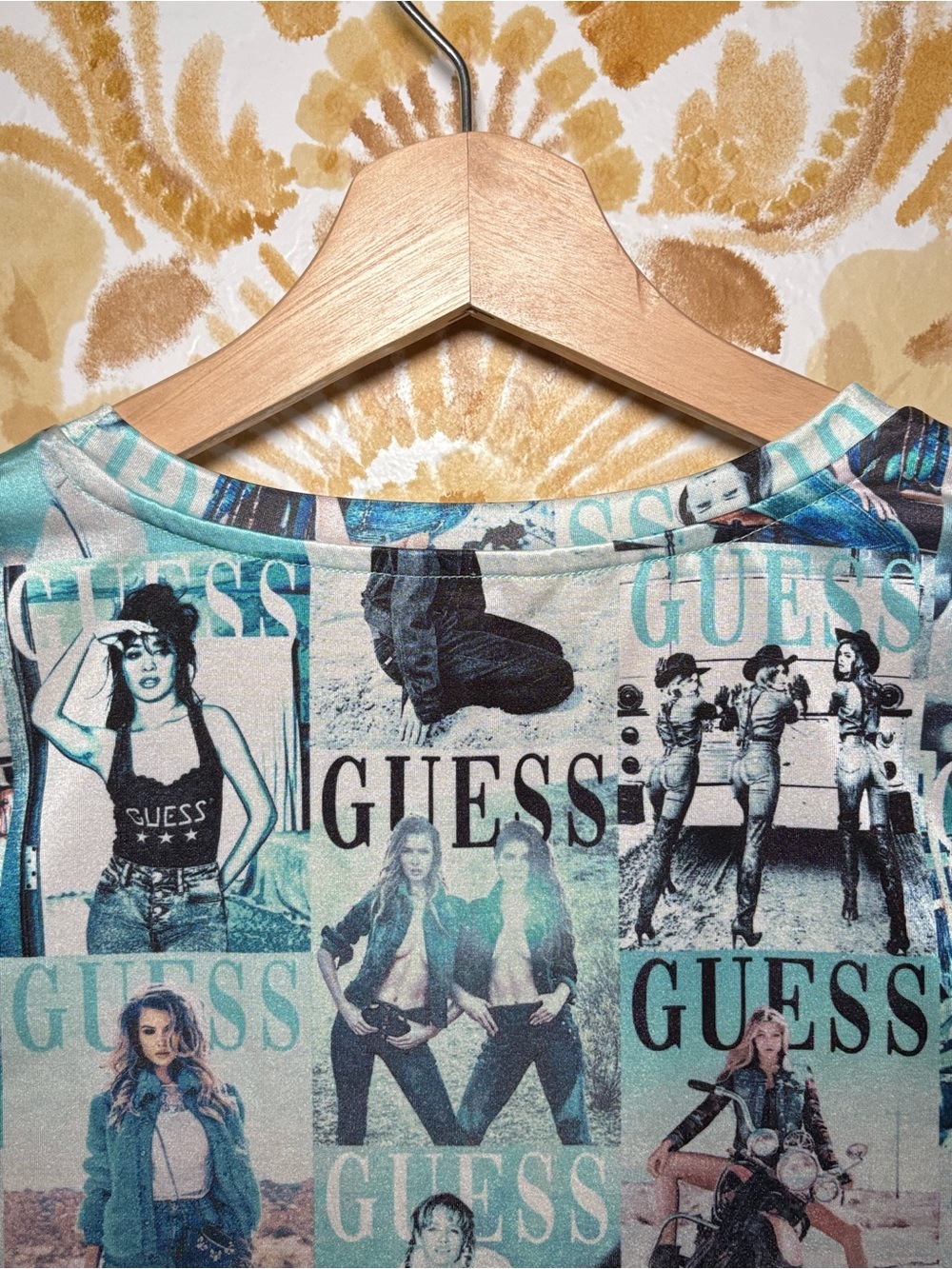GUESS Graphic Logo Tee | Y2K Baby Tee | Blue Collage Print Fitted T-Shirt - Picture 8 of 10